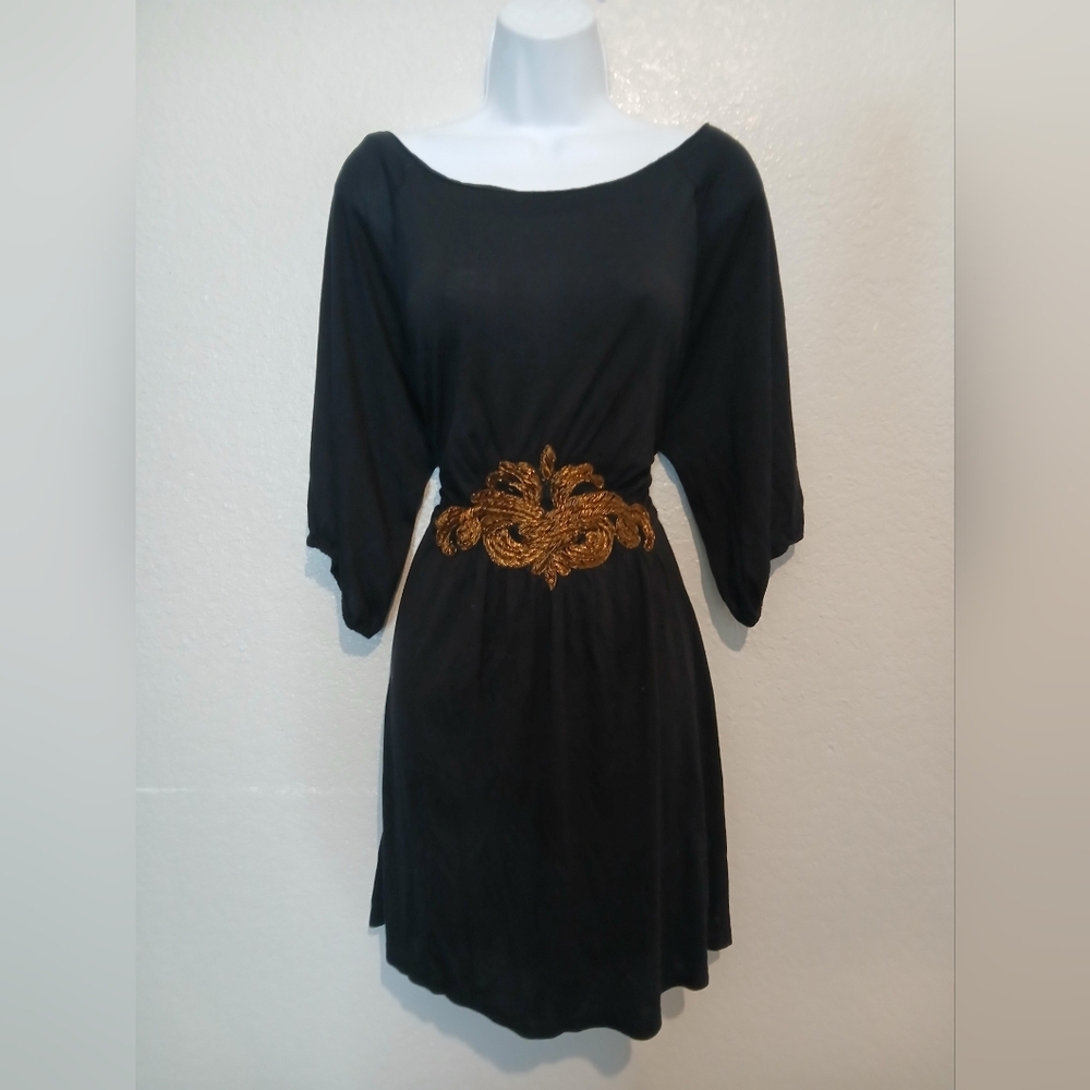 ZARA Collection Black Boat Neck Dress  Gold Statement Embellishment Size Medium